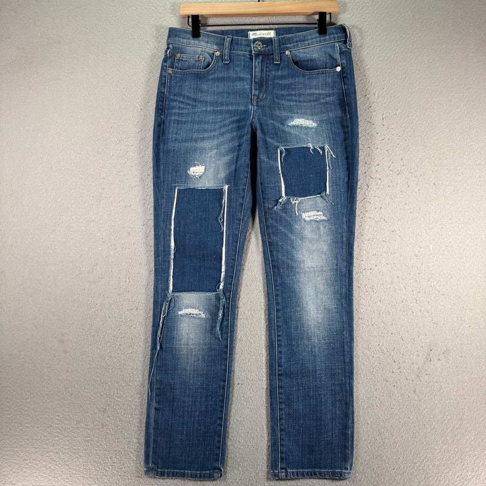 Madewell Slim‎ Boy Jeans Womens 27 Blue Lightwash Patchwork Straight Leg Stretch